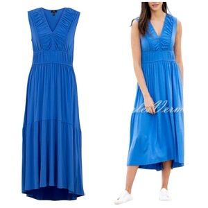 Marble Fit & Flare Ruched Front Sleeveless V-Neck Tiered Skirt Midi Dress